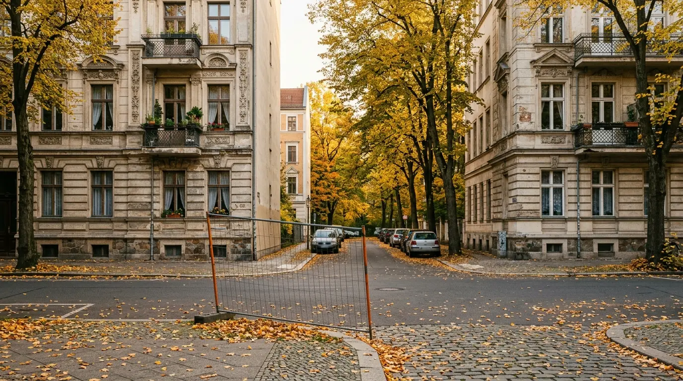 Eine frisch geräumte Baulücke zwischen zwei Berliner Altbauten, davor eine freigegebene Straße im Herbstlicht.