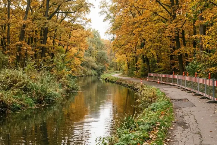 Schmaler Wassergraben mit herbstlichen Bäumen am Ufer und einer rot-weißen Absperrung auf dem Uferweg.