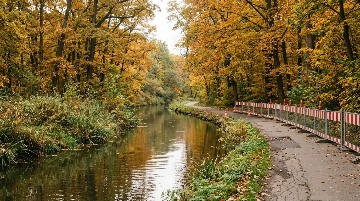 Schmaler Wassergraben mit herbstlichen Bäumen am Ufer und einer rot-weißen Absperrung auf dem Uferweg.