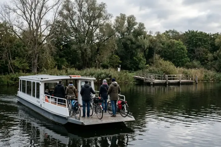 Eine kleine gelb-weiße Personenfähre gleitet über die Spree zwischen begrünten Ufern und einem Holzsteg.