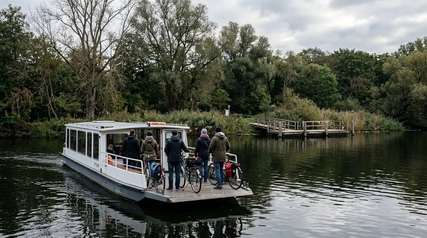 Eine kleine gelb-weiße Personenfähre gleitet über die Spree zwischen begrünten Ufern und einem Holzsteg.