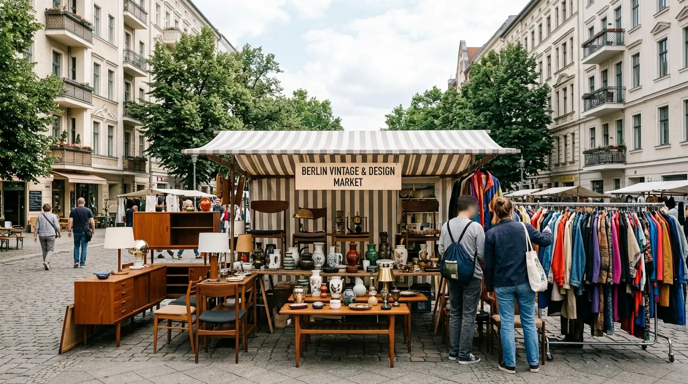 Vintage-Möbel, bunte Kleiderstangen und Keramik auf einem Berliner Flohmarkt im Freien vor Altbaufassaden.