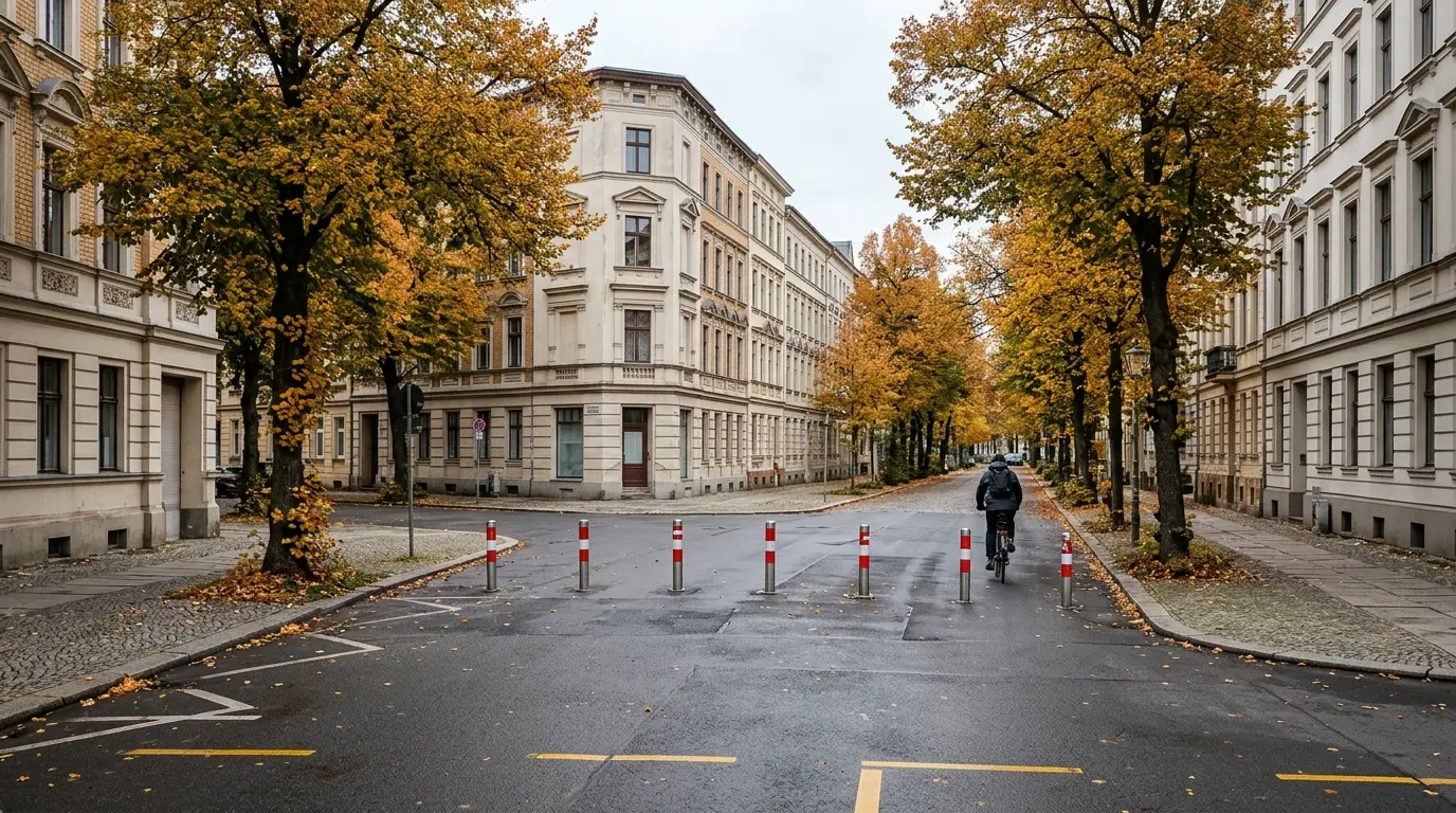 Eine Kreuzung im Altbauviertel wird durch eine diagonale Reihe rot-weißer Poller getrennt, im Hintergrund ein Radfahrer.