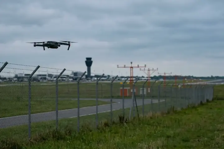 Eine kleine Drohne schwebt in der Luft vor einem Flughafenzaun und einem unscharfen Kontrollturm im Hintergrund.