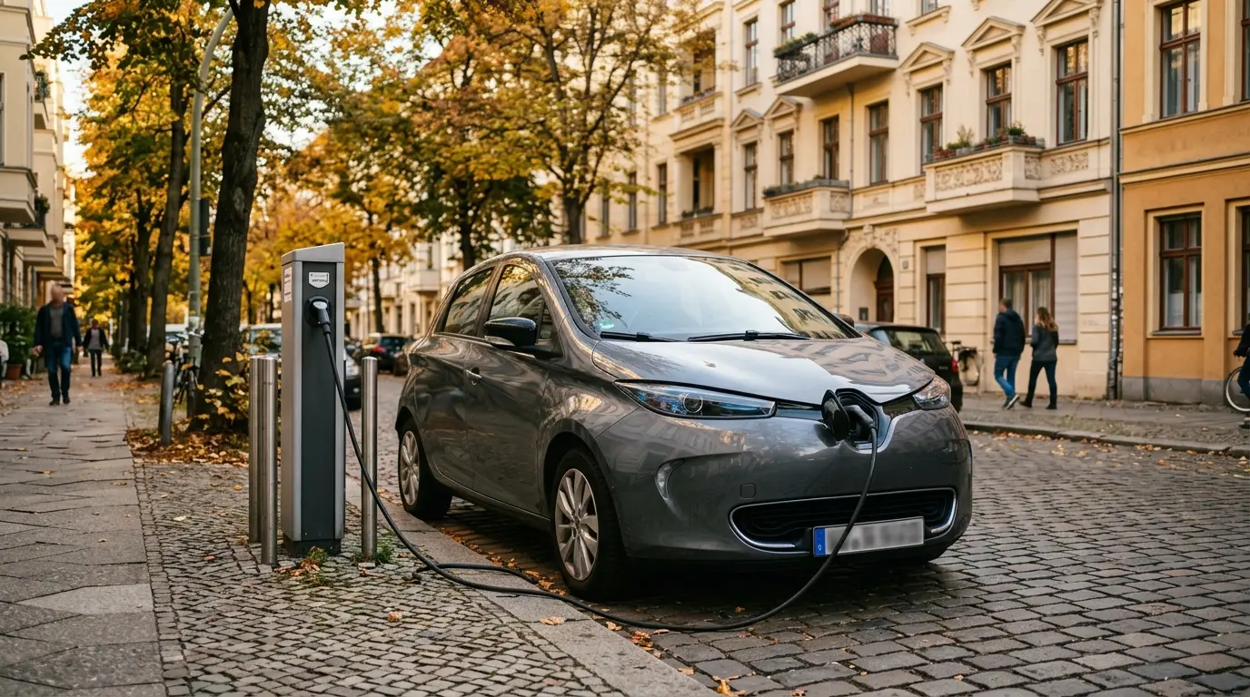 Ein kompaktes Elektroauto lädt im Berliner Herbstlicht an einer Ladesäule, während die E-Auto-Förderung lockt.