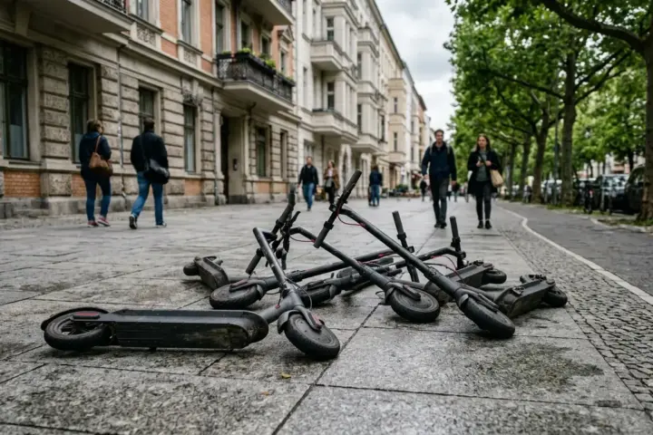 Quer auf einem gepflasterten Gehweg abgestellte und umgefallene E-Scooter versperren Fußgängern vor Altbauten den Weg.