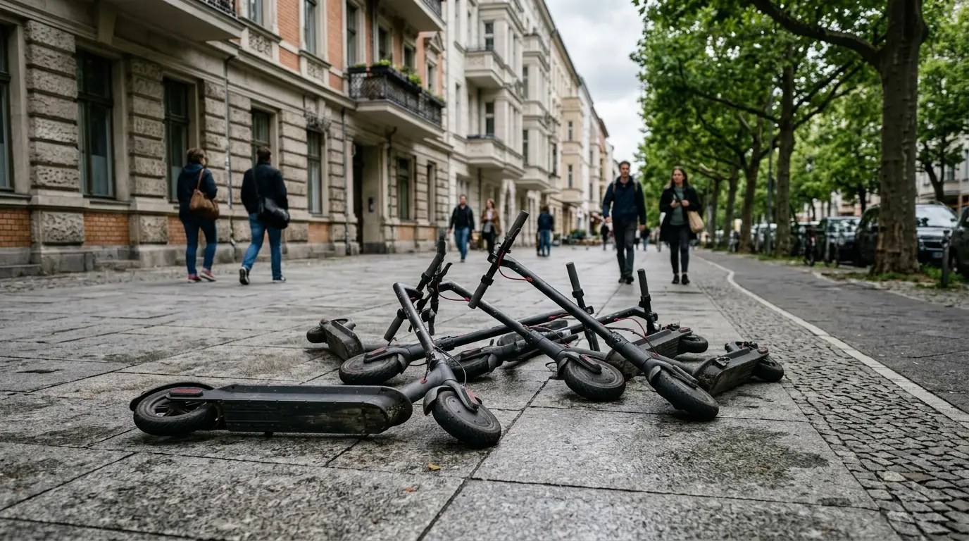 Quer auf einem gepflasterten Gehweg abgestellte und umgefallene E-Scooter versperren Fußgängern vor Altbauten den Weg.