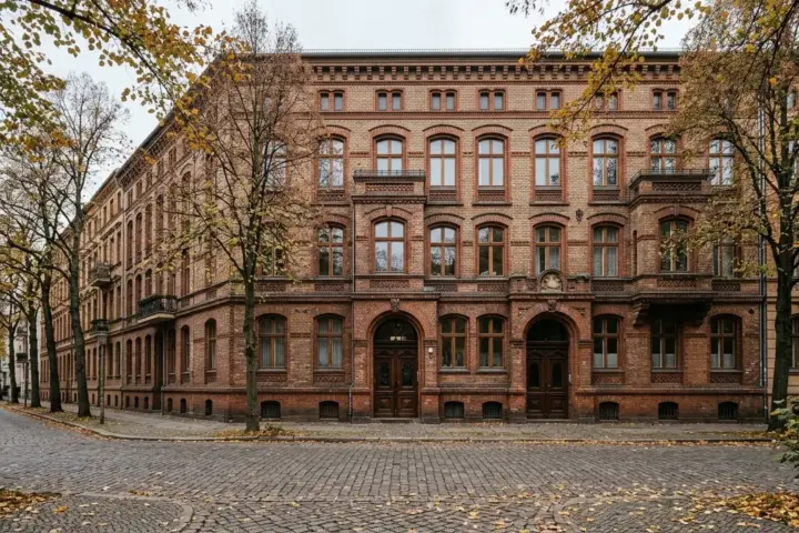 Historisches Backsteingebäude mit Rundbogenportal an einem herbstlichen Gehweg in Berlin-Pankow.