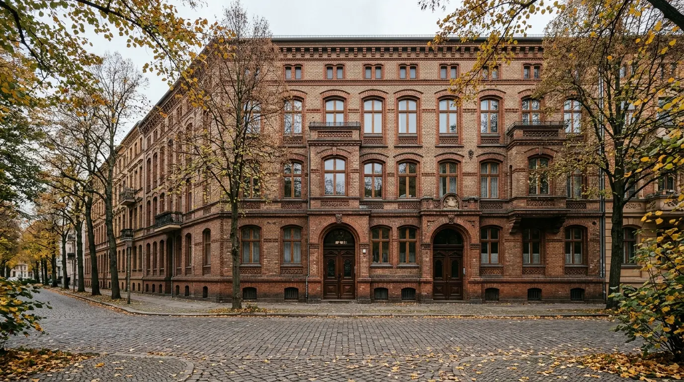 Historisches Backsteingebäude mit Rundbogenportal an einem herbstlichen Gehweg in Berlin-Pankow.