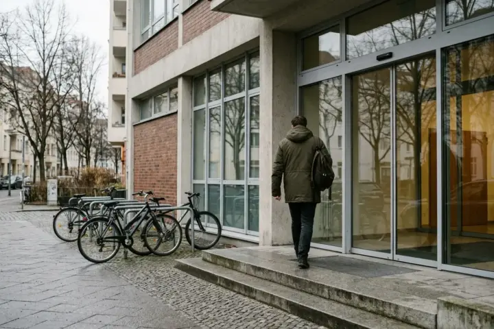 Person von hinten auf den Stufen vor der gläsernen Eingangstür eines städtischen Verwaltungsgebäudes in Berlin.