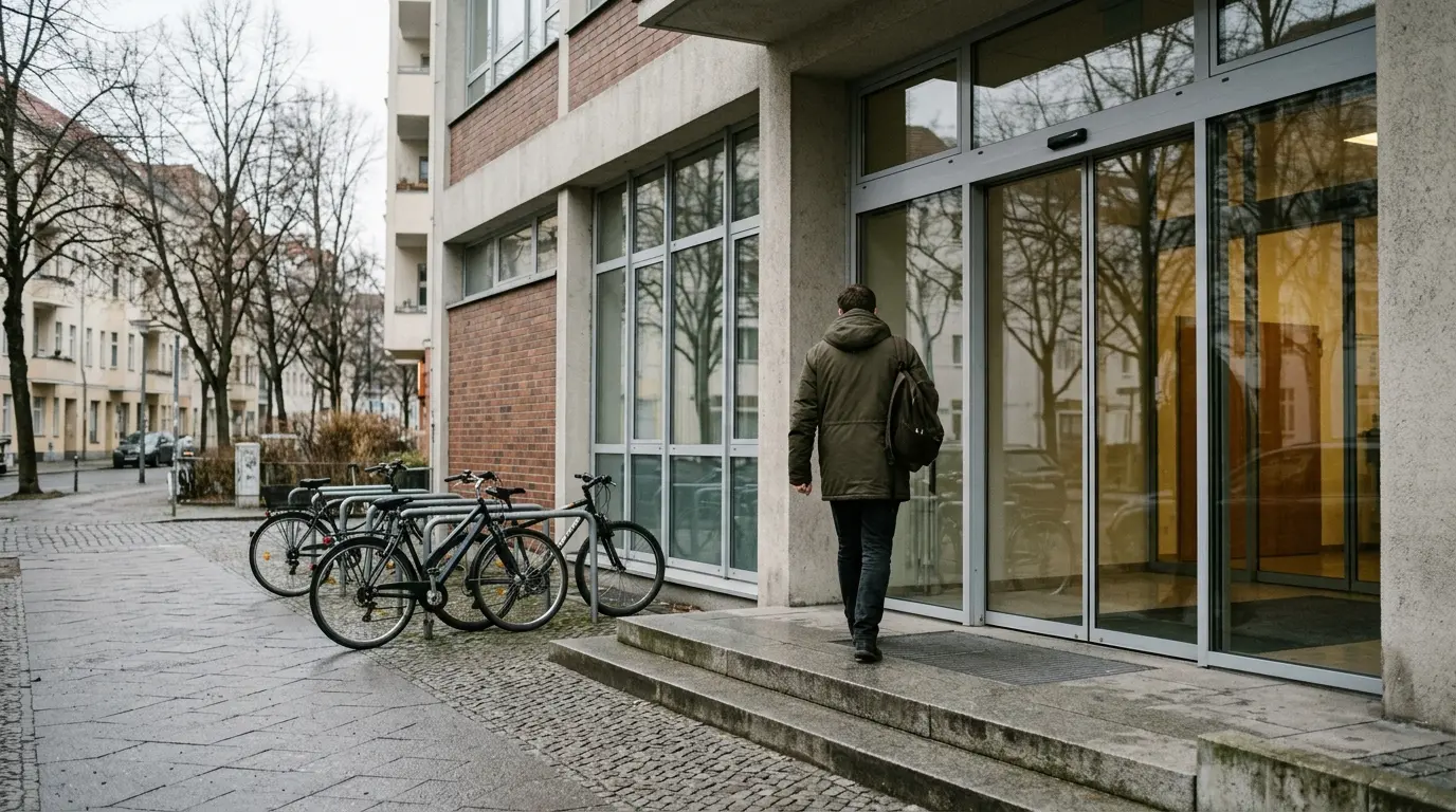 Person von hinten auf den Stufen vor der gläsernen Eingangstür eines städtischen Verwaltungsgebäudes in Berlin.