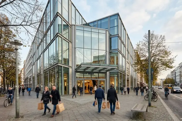 Moderne Glasfassade eines Einkaufszentrums an einer Berliner Straße mit wenigen Passanten von hinten.