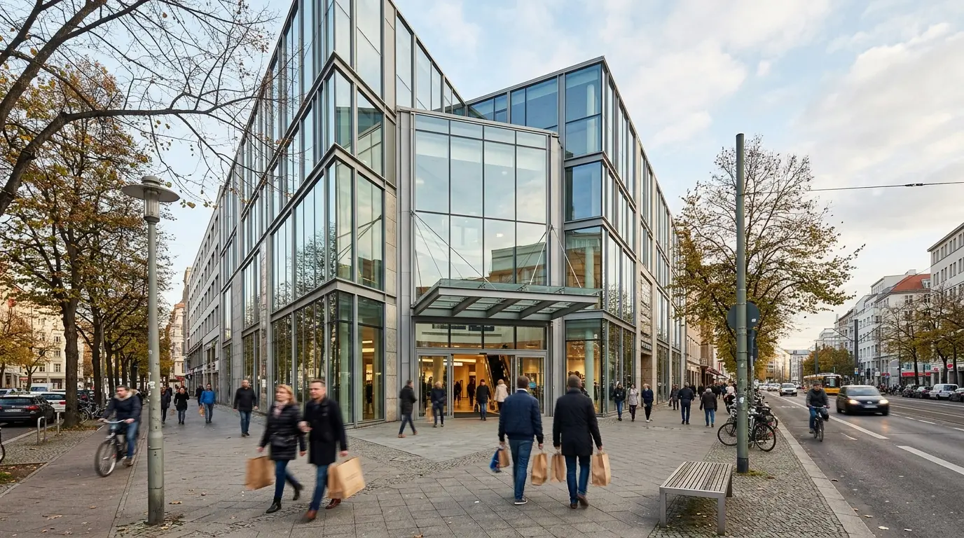 Moderne Glasfassade eines Einkaufszentrums an einer Berliner Straße mit wenigen Passanten von hinten.