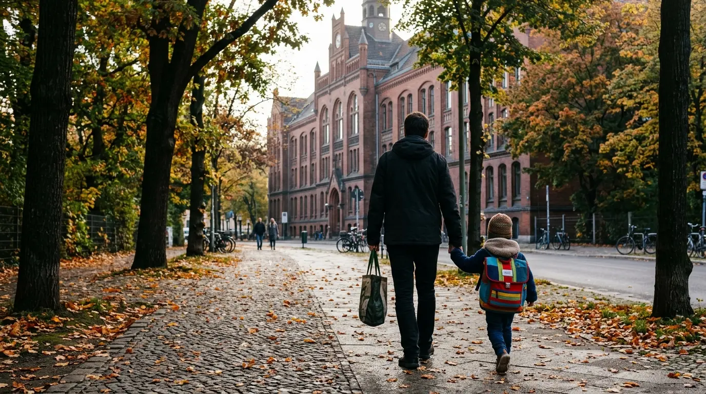 Ein Erwachsener und ein Kind mit Schulranzen gehen von hinten gesehen auf ein historisches Backsteinschulgebäude zu.