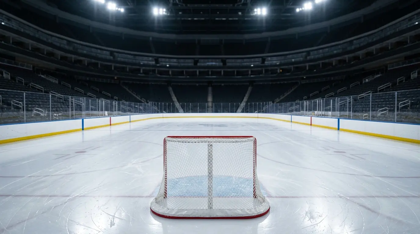 Leere Eisfläche einer Eishockeyarena mit einem roten Tor und Spuren auf dem Eis