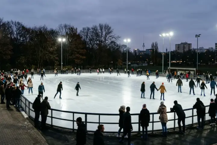 Beleuchtete Freiluft-Eisbahn an einem Herbstabend mit spiegelnder Eisfläche und Schlittschuhläufern von hinten.