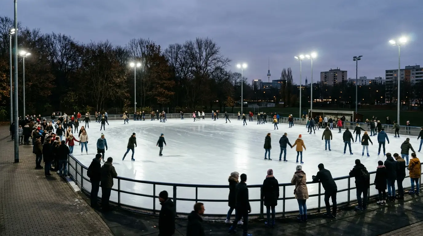 Beleuchtete Freiluft-Eisbahn an einem Herbstabend mit spiegelnder Eisfläche und Schlittschuhläufern von hinten.