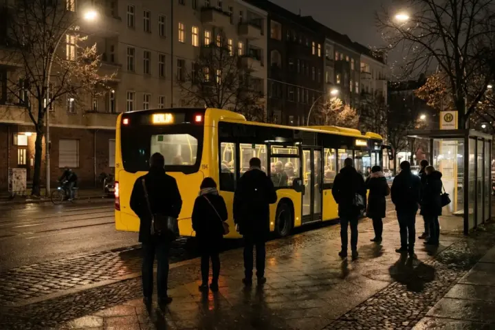 Ein gelber Bus hält nachts an einer feuchten Haltestelle, während wenige Passanten von hinten an der Straße warten.