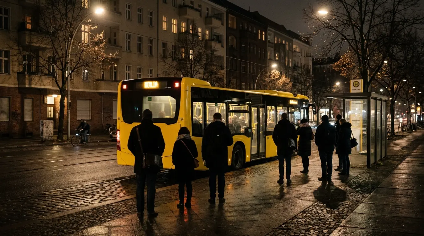 Ein gelber Bus hält nachts an einer feuchten Haltestelle, während wenige Passanten von hinten an der Straße warten.