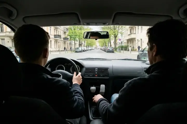 Blick aus dem Fahrschulauto auf eine Berliner Straße während der Vorbereitung auf den Führerschein in Berlin.