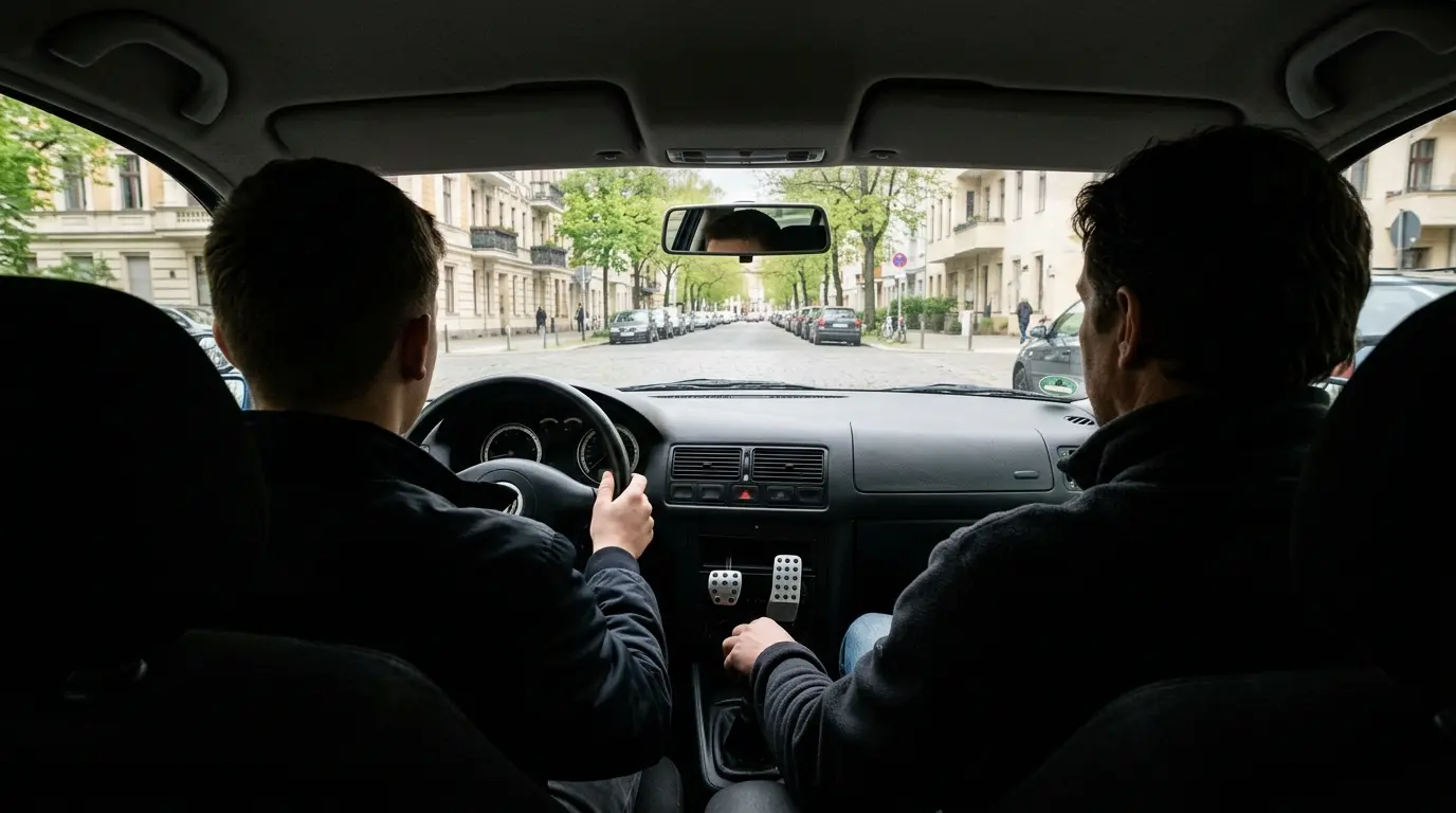Blick aus dem Fahrschulauto auf eine Berliner Straße während der Vorbereitung auf den Führerschein in Berlin.