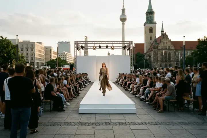 Ein weißer Freiluft-Laufsteg auf einem städtischen Platz, umgeben von sitzendem Publikum im Nachmittagslicht.