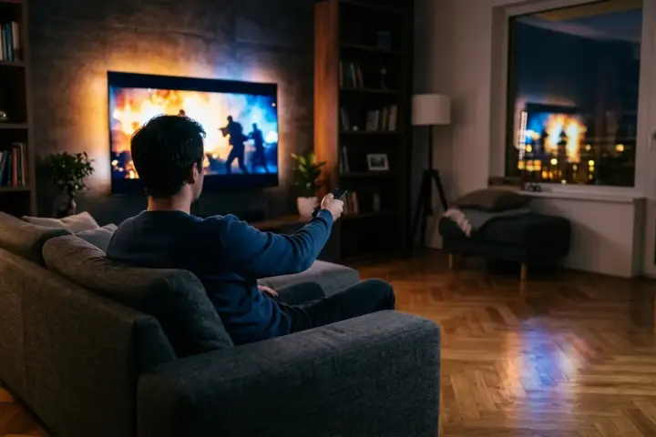 Eine Person sitzt abends auf einem Sofa und blickt auf einen großen Fernsehbildschirm mit dramatischer Filmszene.