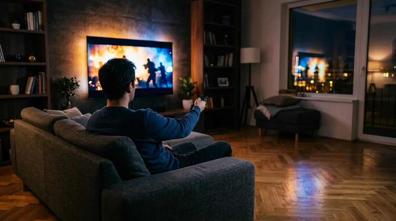 Eine Person sitzt abends auf einem Sofa und blickt auf einen großen Fernsehbildschirm mit dramatischer Filmszene.