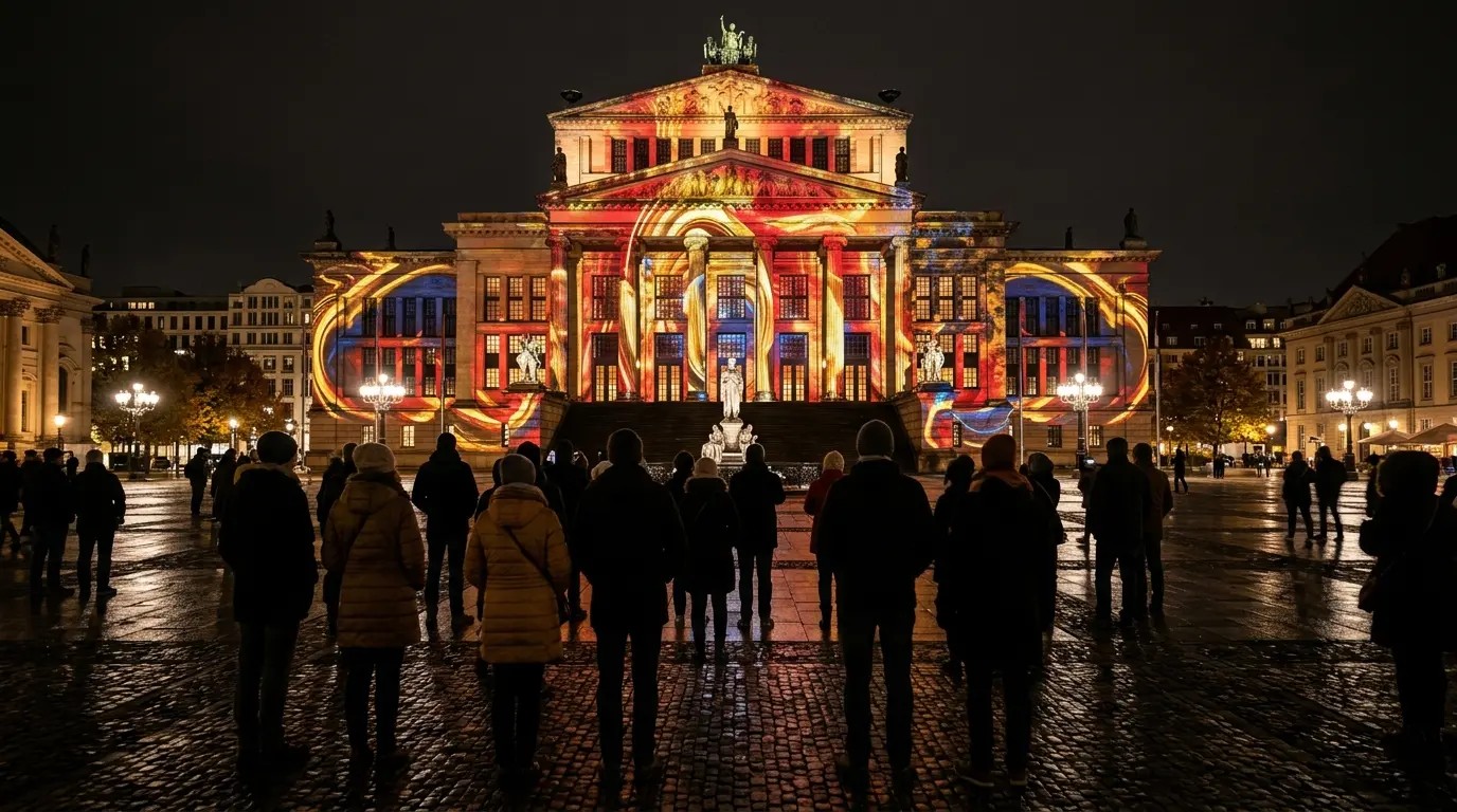 Eine historische Steinfassade erstrahlt nachts in bunten Lichtprojektionen, davor stehen Menschen als Silhouetten.