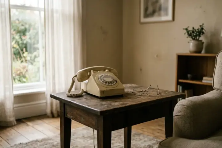 Ein altmodisches Festnetztelefon und eine Lesebrille liegen auf einem Holztisch vor einem hellen Fenster.