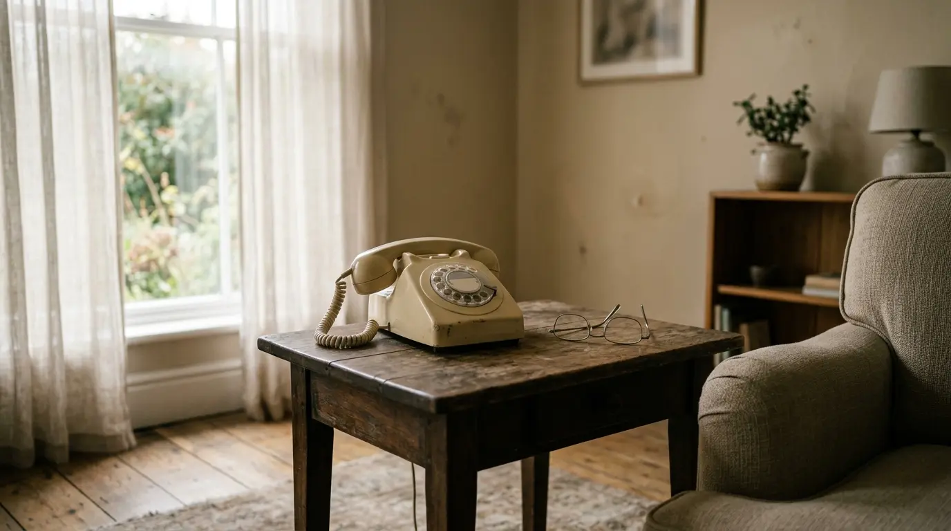 Ein altmodisches Festnetztelefon und eine Lesebrille liegen auf einem Holztisch vor einem hellen Fenster.
