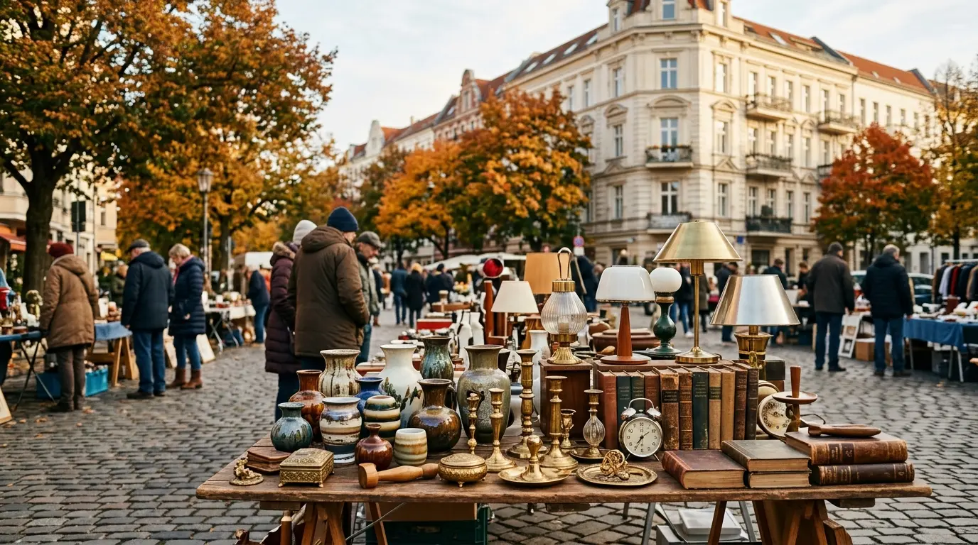 Verkaufstische eines Berliner Flohmarkts im Freien mit Vintage-Vasen, Lampen und Deko vor Altbauten.