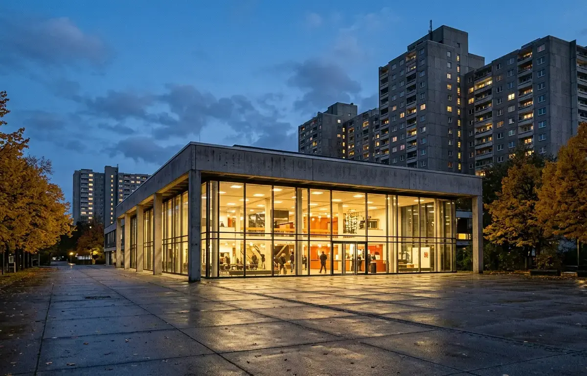Beleuchtetes Kulturzentrum aus Glas und Beton in der Abenddämmerung vor Hochhäusern einer Großsiedlung mit Herbstbäumen.