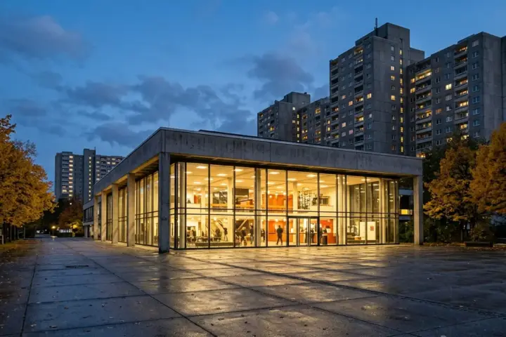 Beleuchtetes Kulturzentrum aus Glas und Beton in der Abenddämmerung vor Hochhäusern einer Großsiedlung mit Herbstbäumen.
