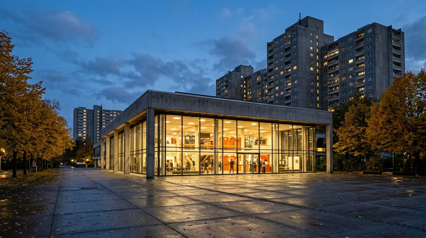 Beleuchtetes Kulturzentrum aus Glas und Beton in der Abenddämmerung vor Hochhäusern einer Großsiedlung mit Herbstbäumen.