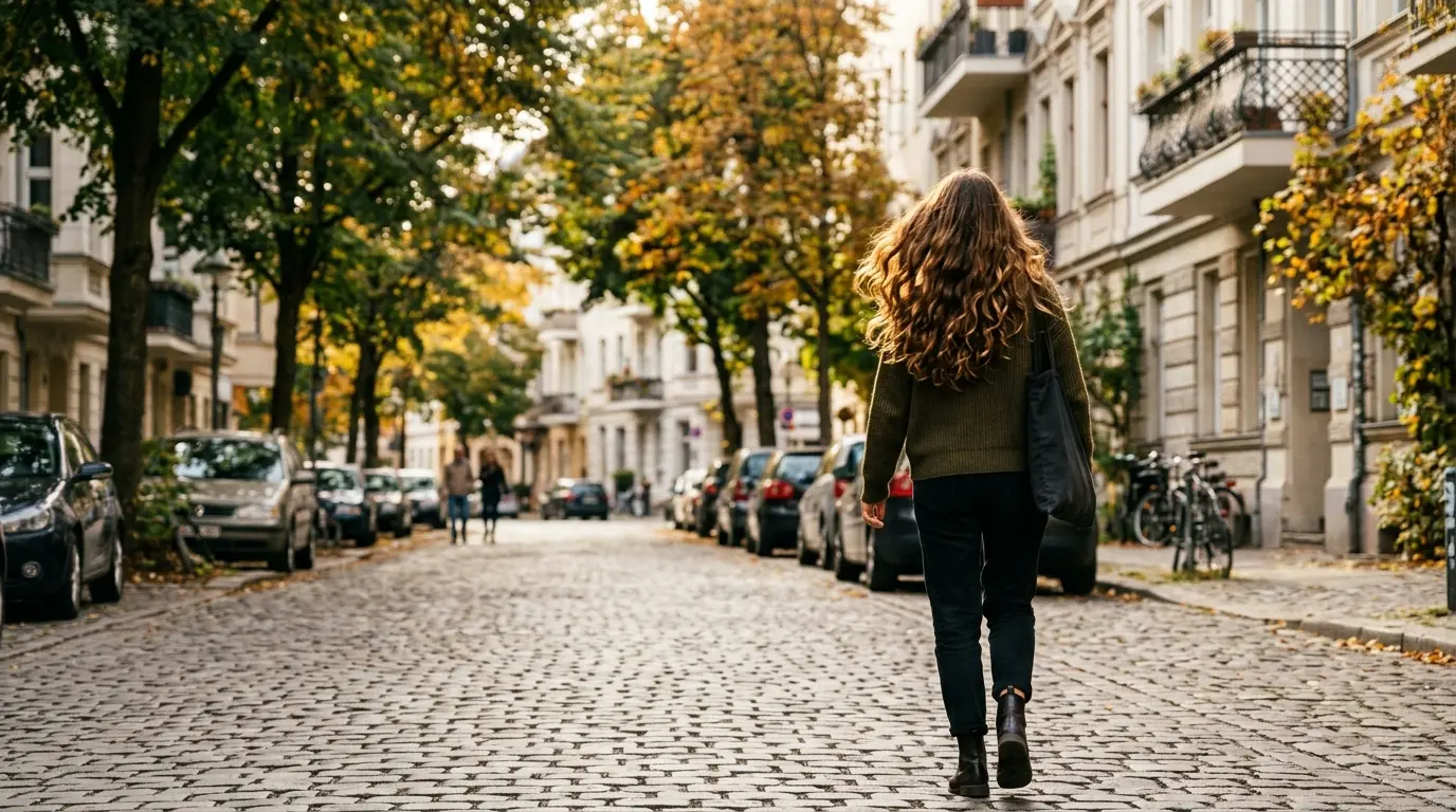 Eine junge Frau mit langen, gewellten Haaren geht von hinten auf einem Gehweg an einer Altbaustraße im Sonnenlicht.