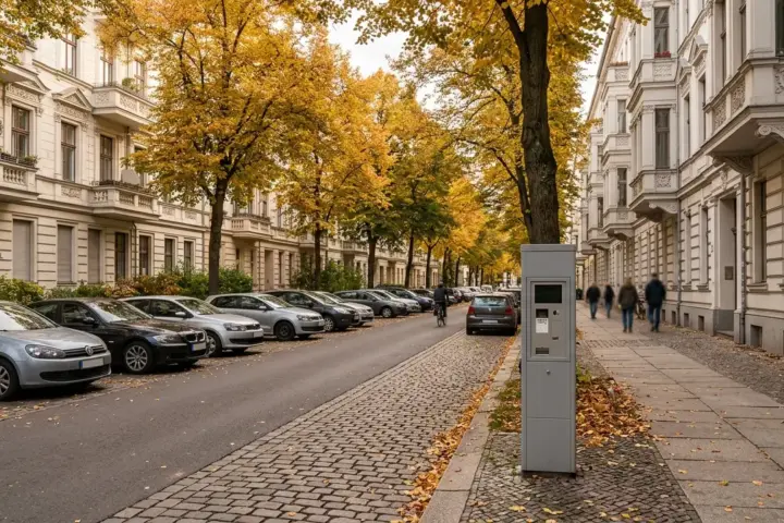Friedenauer Wohnstraße mit Altbauten, herbstlichen Bäumen, parkenden Autos und einem Parkscheinautomaten am Gehwegrand.