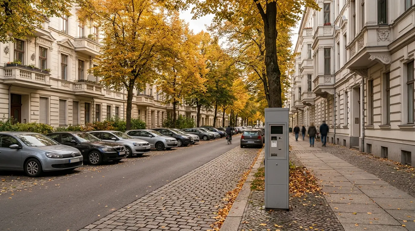 Friedenauer Wohnstraße mit Altbauten, herbstlichen Bäumen, parkenden Autos und einem Parkscheinautomaten am Gehwegrand.