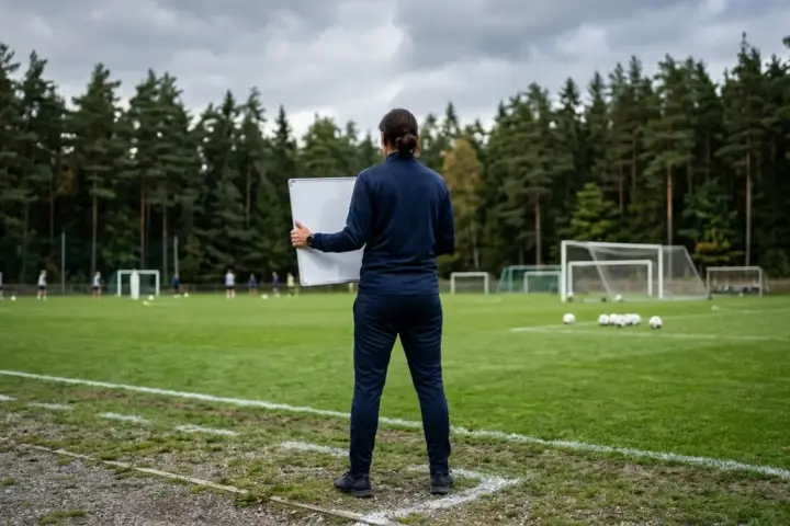 Eine Trainerin von hinten am Spielfeldrand eines Fußballplatzes mit Taktiktafel vor herbstlichen Kiefernbäumen.