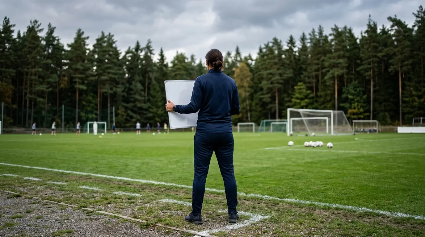 Eine Trainerin von hinten am Spielfeldrand eines Fußballplatzes mit Taktiktafel vor herbstlichen Kiefernbäumen.
