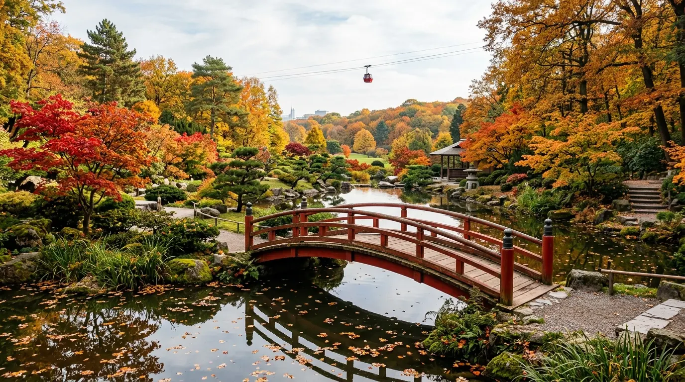 Rote Holzbrücke über einem Teich mit buntem Herbstlaub im Japanischen Garten der Gärten der Welt bei Sonnenschein.