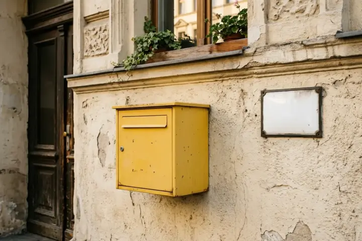 Gelber Briefkasten an einer Berliner Altbaufassade im Herbstlicht, Zielort für Briefe mit einer Postleitzahl Berlin.