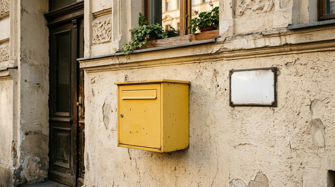 Gelber Briefkasten an einer Berliner Altbaufassade im Herbstlicht, Zielort für Briefe mit einer Postleitzahl Berlin.
