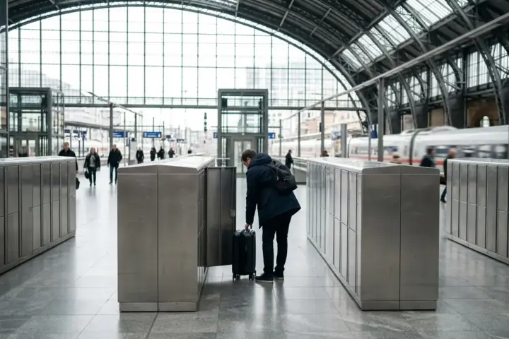 Eine Person von hinten vor metallenen Schließfächern in einer hellen Bahnhofshalle mit einem Rollkoffer.