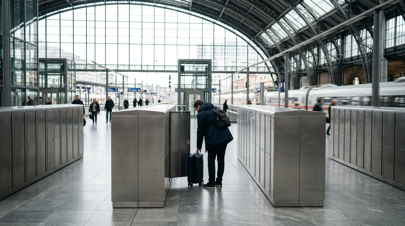 Eine Person von hinten vor metallenen Schließfächern in einer hellen Bahnhofshalle mit einem Rollkoffer.