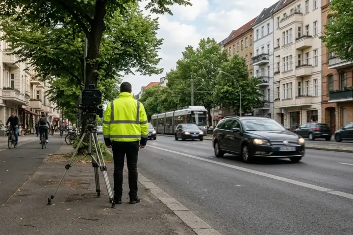 Mobiles Geschwindigkeitsmessgerät auf einem Stativ an einer baumbestandenen Berliner Straße mit fließendem Verkehr.