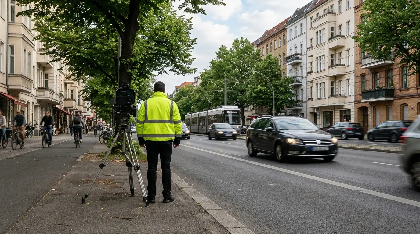 Mobiles Geschwindigkeitsmessgerät auf einem Stativ an einer baumbestandenen Berliner Straße mit fließendem Verkehr.