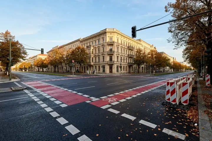 Leere Straßenkreuzung im Herbstlicht mit frischen Fahrradmarkierungen auf dem Asphalt und rot-weißen Absperrbaken am