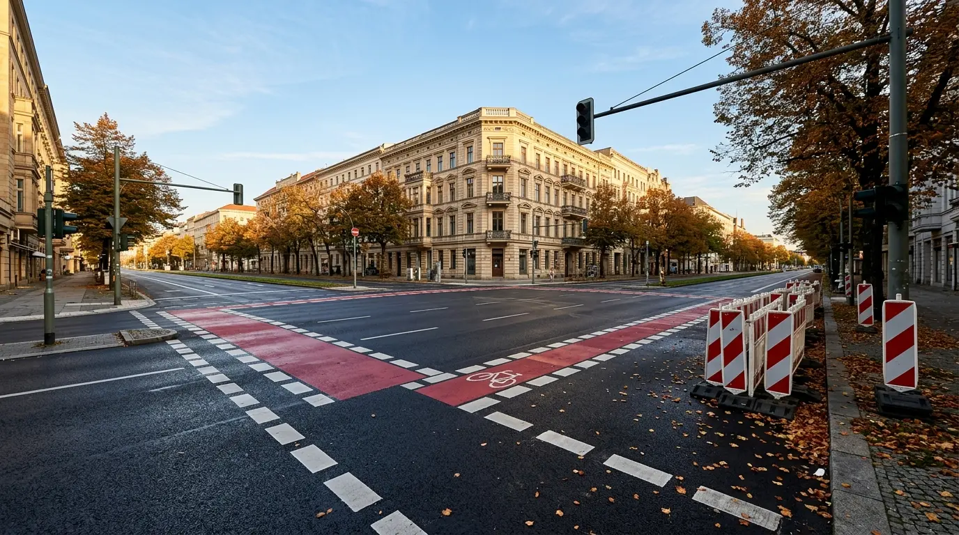 Leere Straßenkreuzung im Herbstlicht mit frischen Fahrradmarkierungen auf dem Asphalt und rot-weißen Absperrbaken am