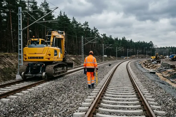 Gleisbaustelle an einer Berliner Bahnstrecke mit frischem Schotterbett, Gleisen und einem Bauarbeiter von hinten.